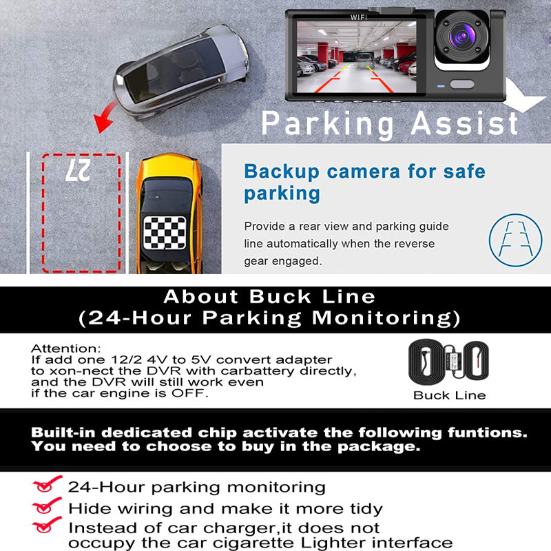 Three Way Dash Cam With 24 Hour Parking Monitor